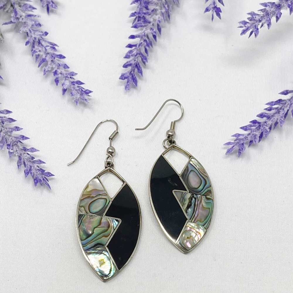 Vintage Alpaca Mexico Abalone Geometric Drop Earrings